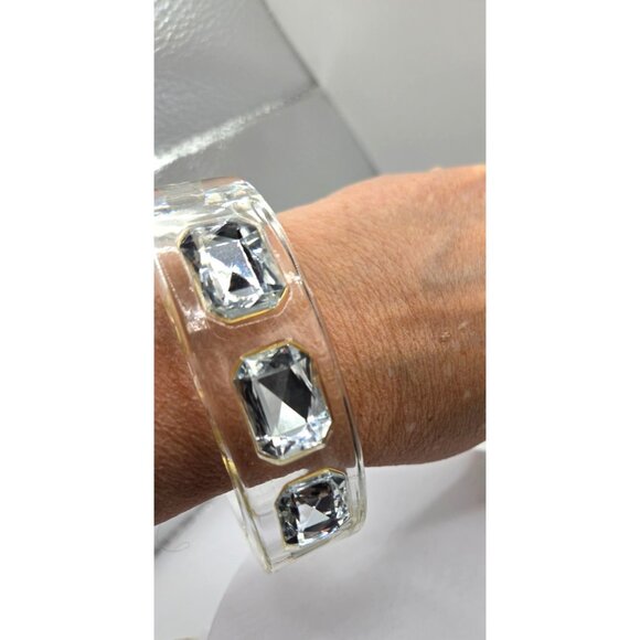 Vintage Rare Clear Lucite Cuff Bracelet Faceted Glass Stones Magnetic Clasp Mod - Picture 5 of 6